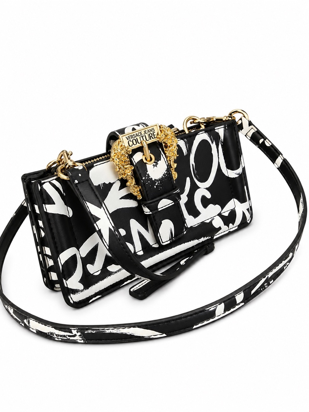 Versace Jeans Collection Black & White Graffiti Crossbody with Gold Hardware